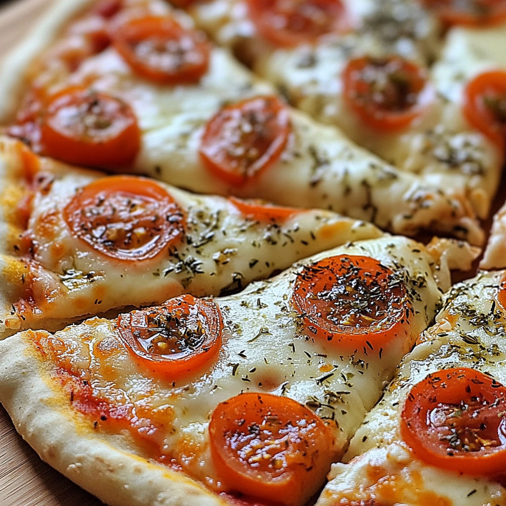 A pizza with tomatoes and cheese.