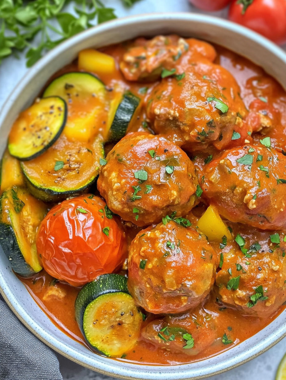 A bowl of food with meatballs, tomatoes, zucchini, and basil.