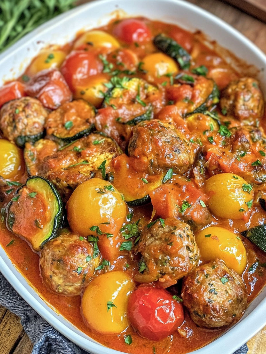 A bowl of food with meatballs, tomatoes, and zucchini.