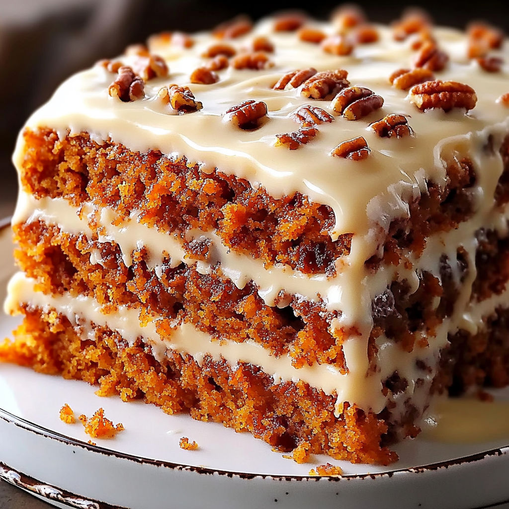 A slice of carrot cake with cream cheese frosting.