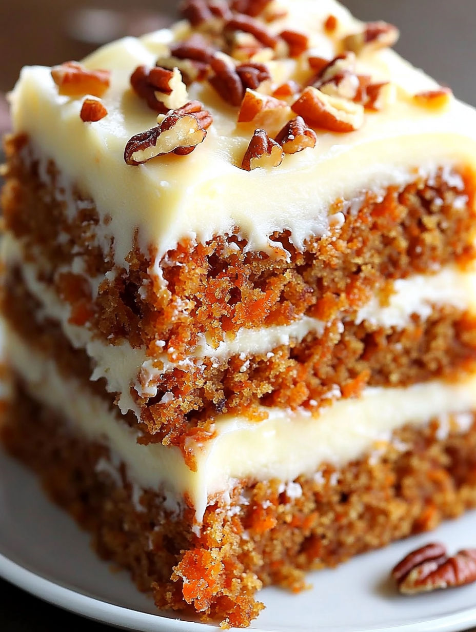 A slice of carrot cake with cream cheese frosting.
