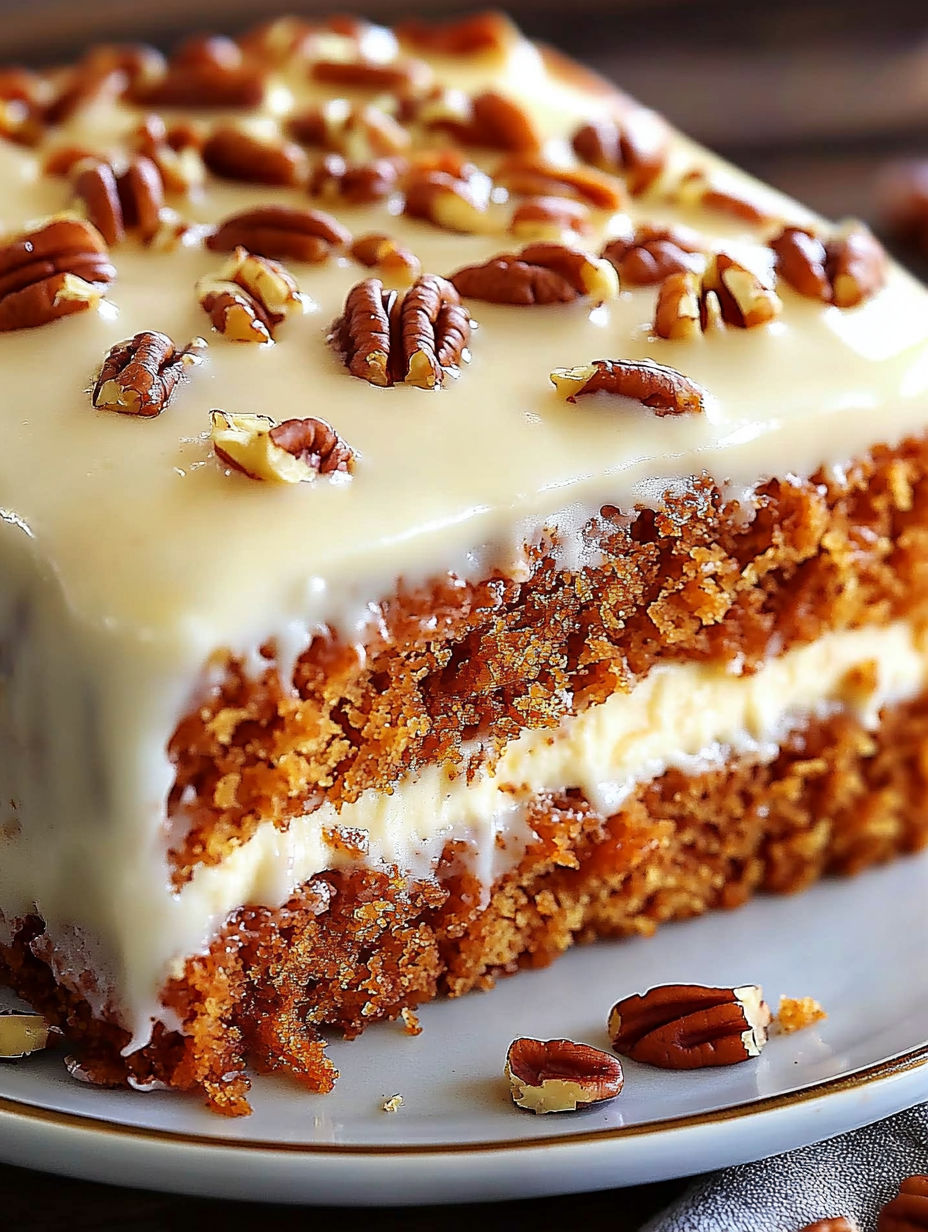 A slice of carrot cake with cream cheese frosting.