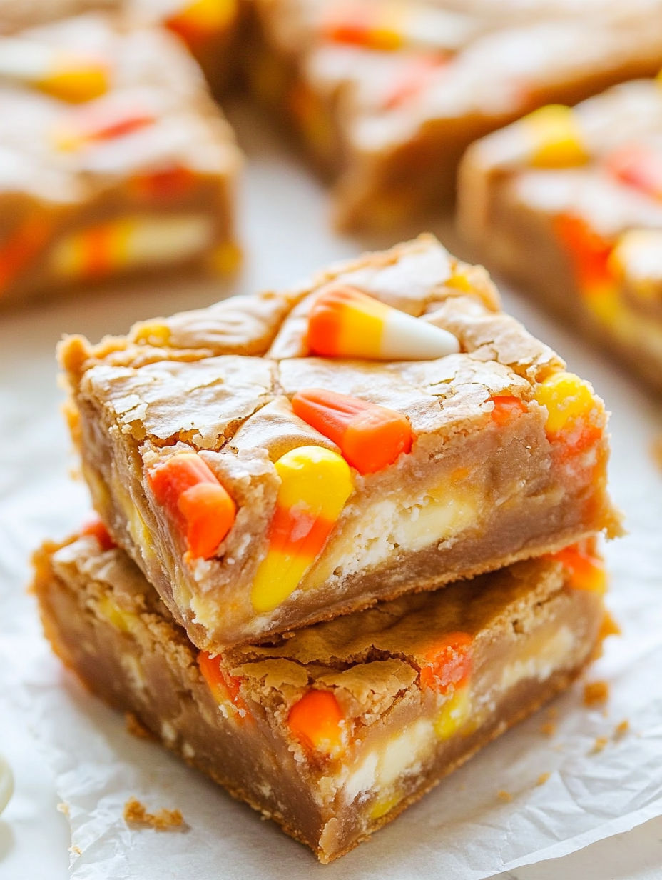 A close up of a candy corn white chocolate blondie.
