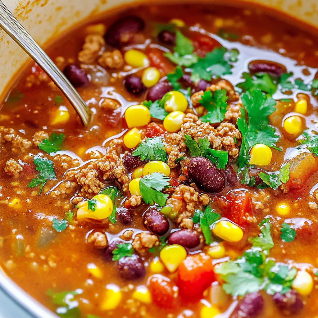 A bowl of chili with meat, beans, and vegetables.