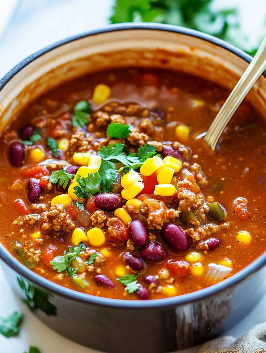 A bowl of chili with beans, corn, and meat.