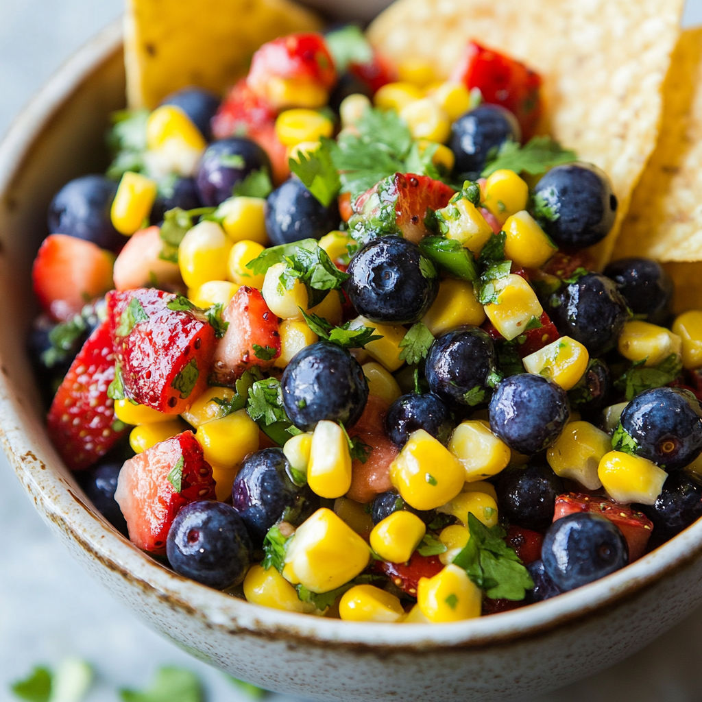 A bowl of blueberry corn salsa.