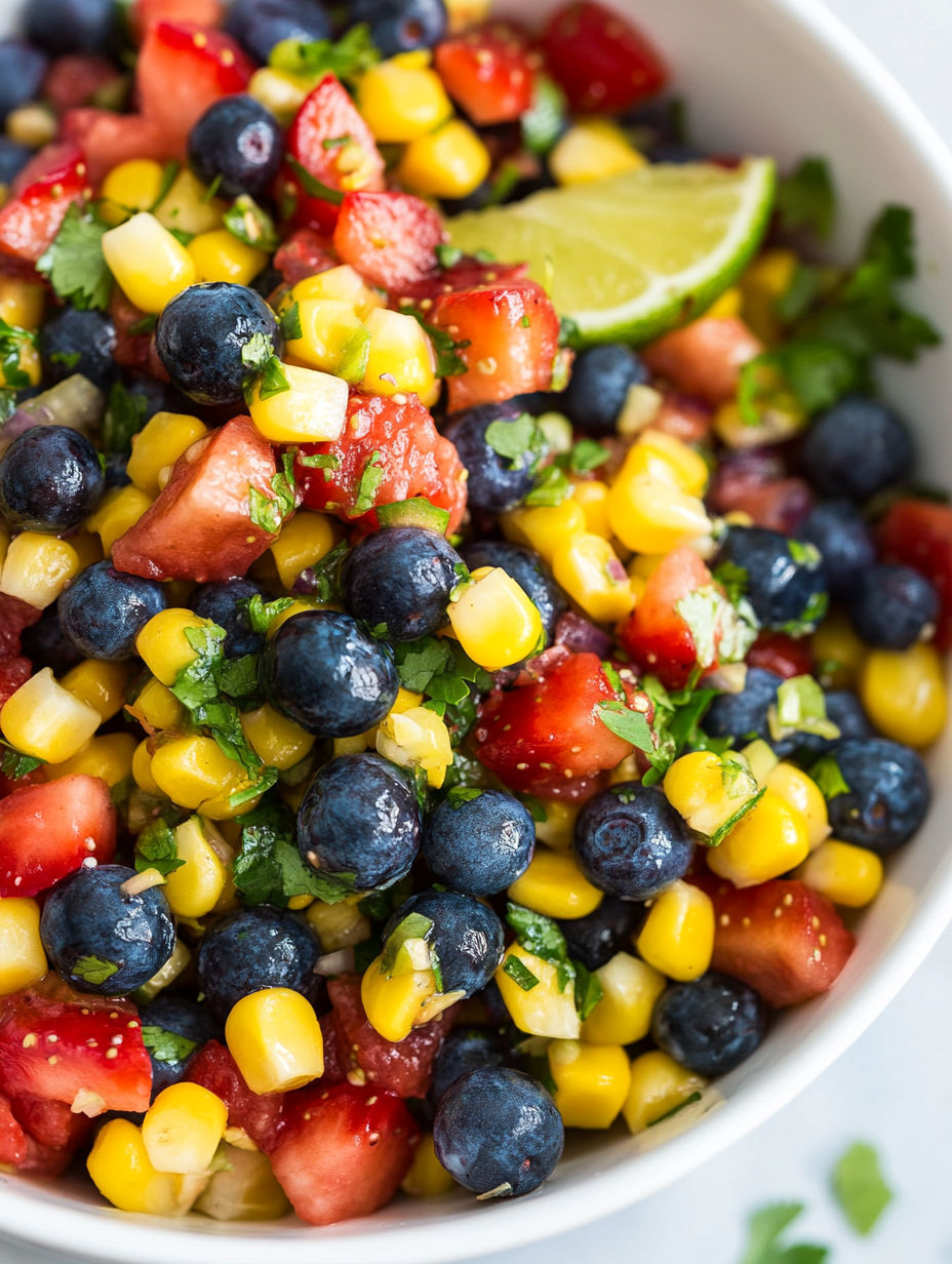 A bowl of fruit with corn, blueberries, lime, and tomatoes.