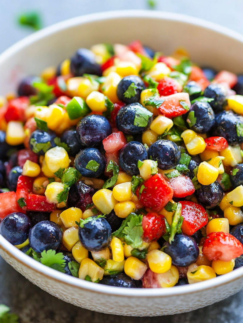 A bowl of fruit with blueberries, corn, strawberries, and other fruits.