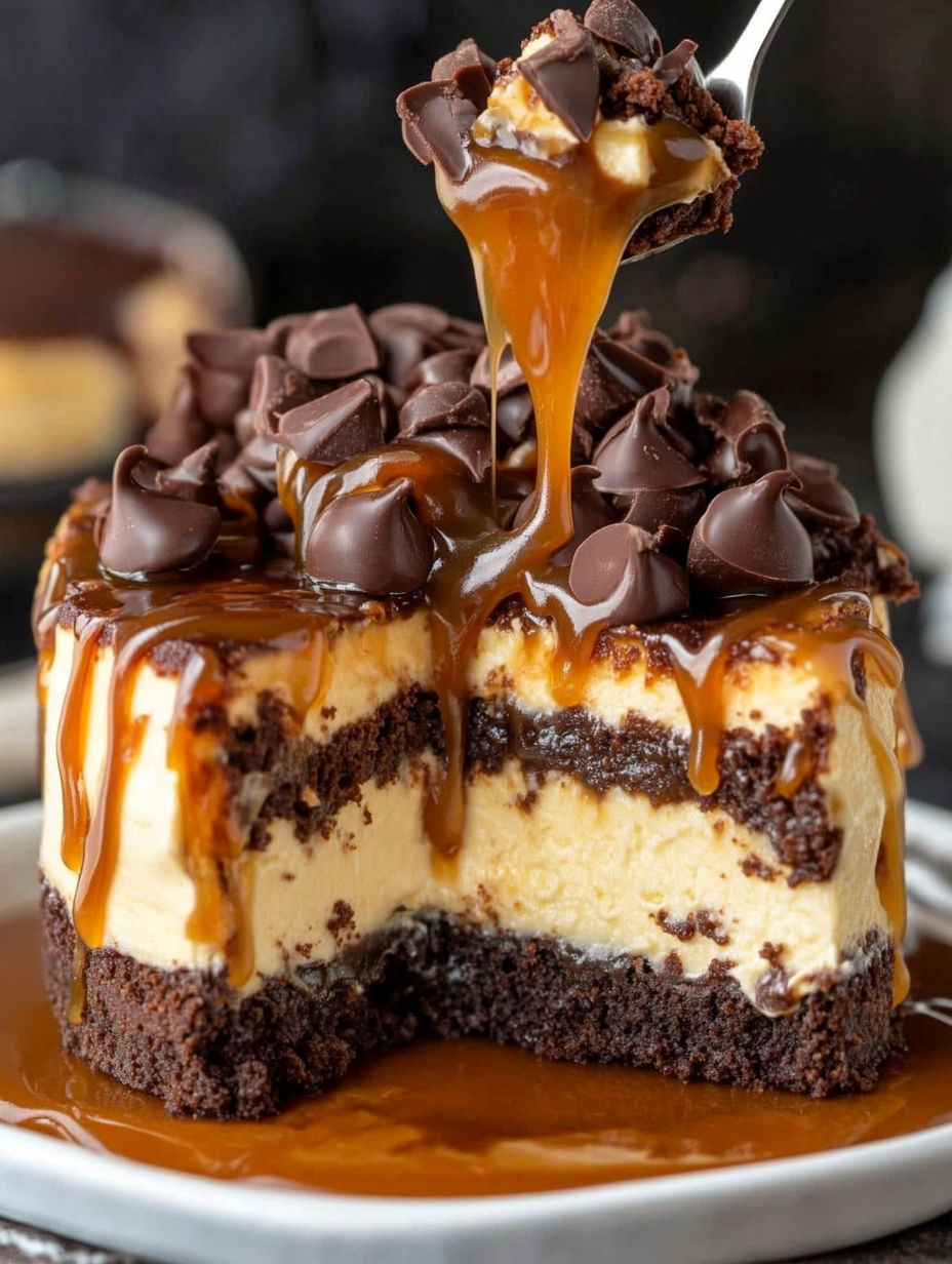 A slice of cake with caramel drizzled on top.