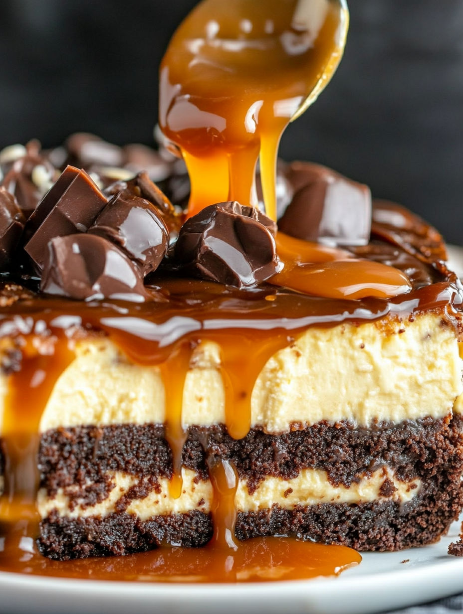 A slice of cake with caramel drizzled on top.