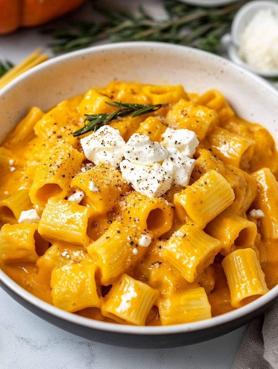 A bowl of pasta with feta cheese and herbs.