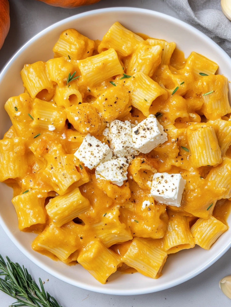 A bowl of pasta with feta cheese on top.