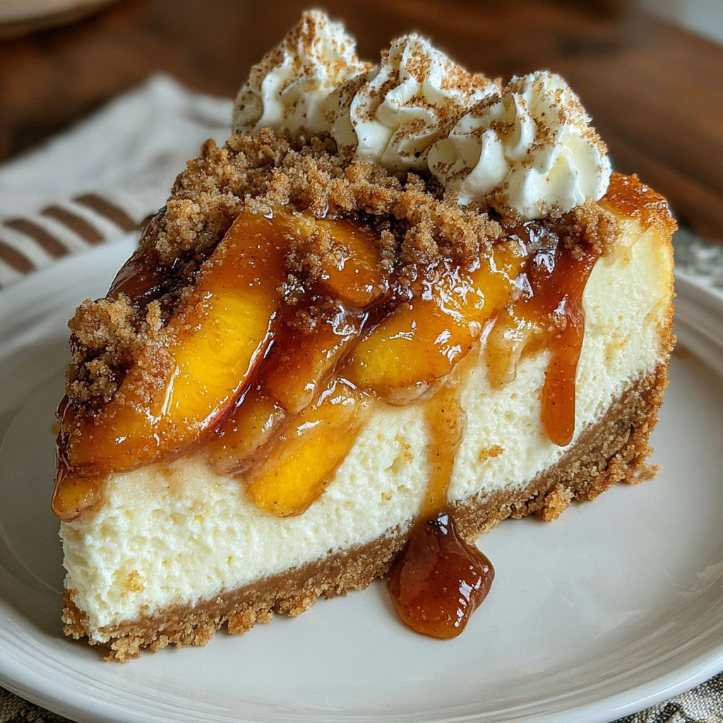 A slice of creamy peach cobbler cheesecake.