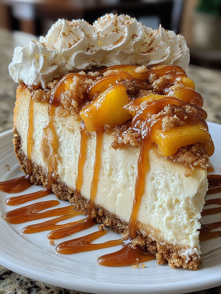 A slice of cheesecake with caramel drizzle.