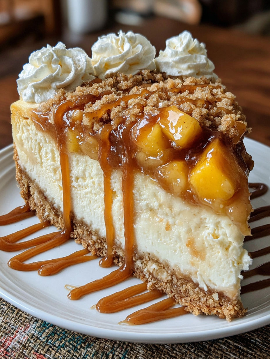 A slice of cheesecake with caramel drizzle.