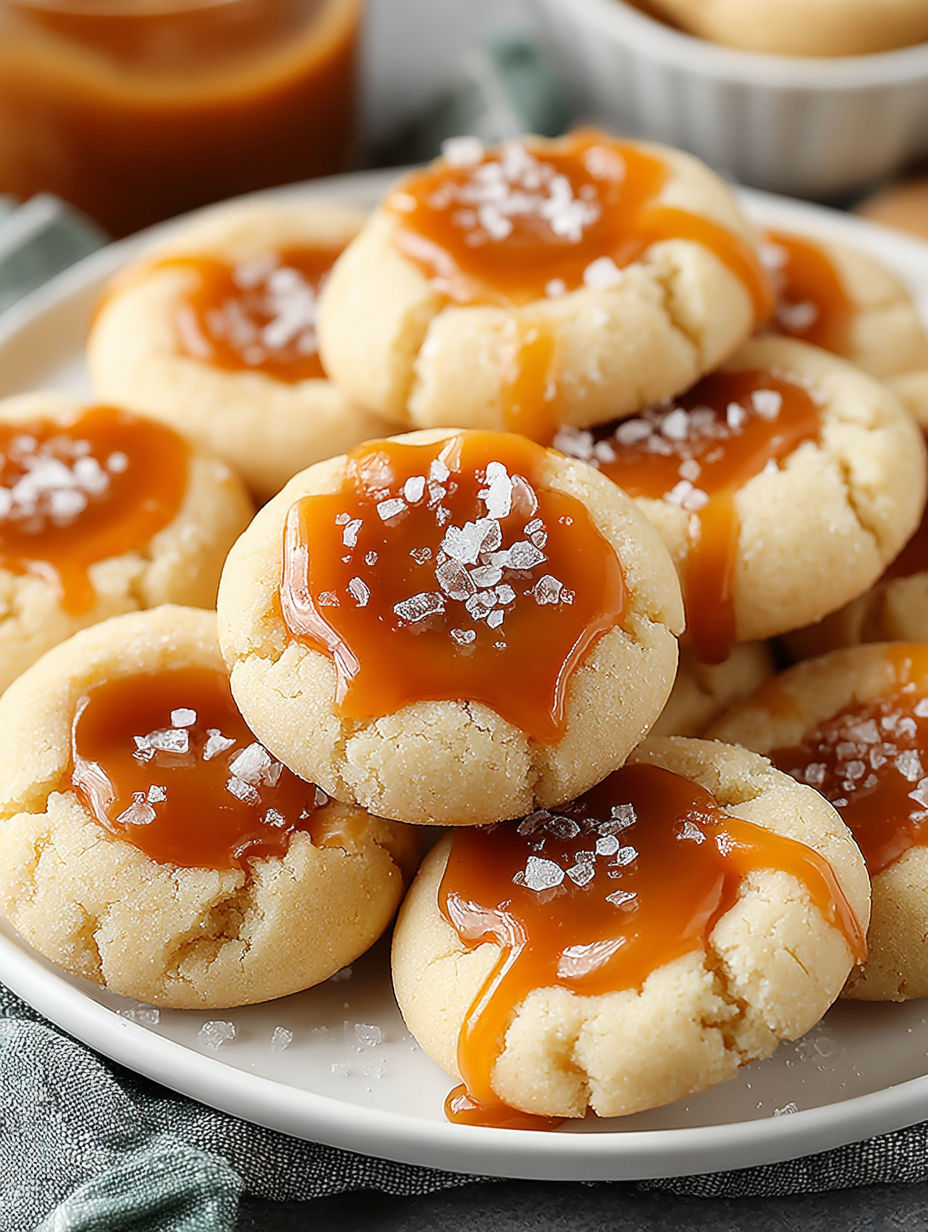 A plate of cookies with caramel sauce drizzled on top.