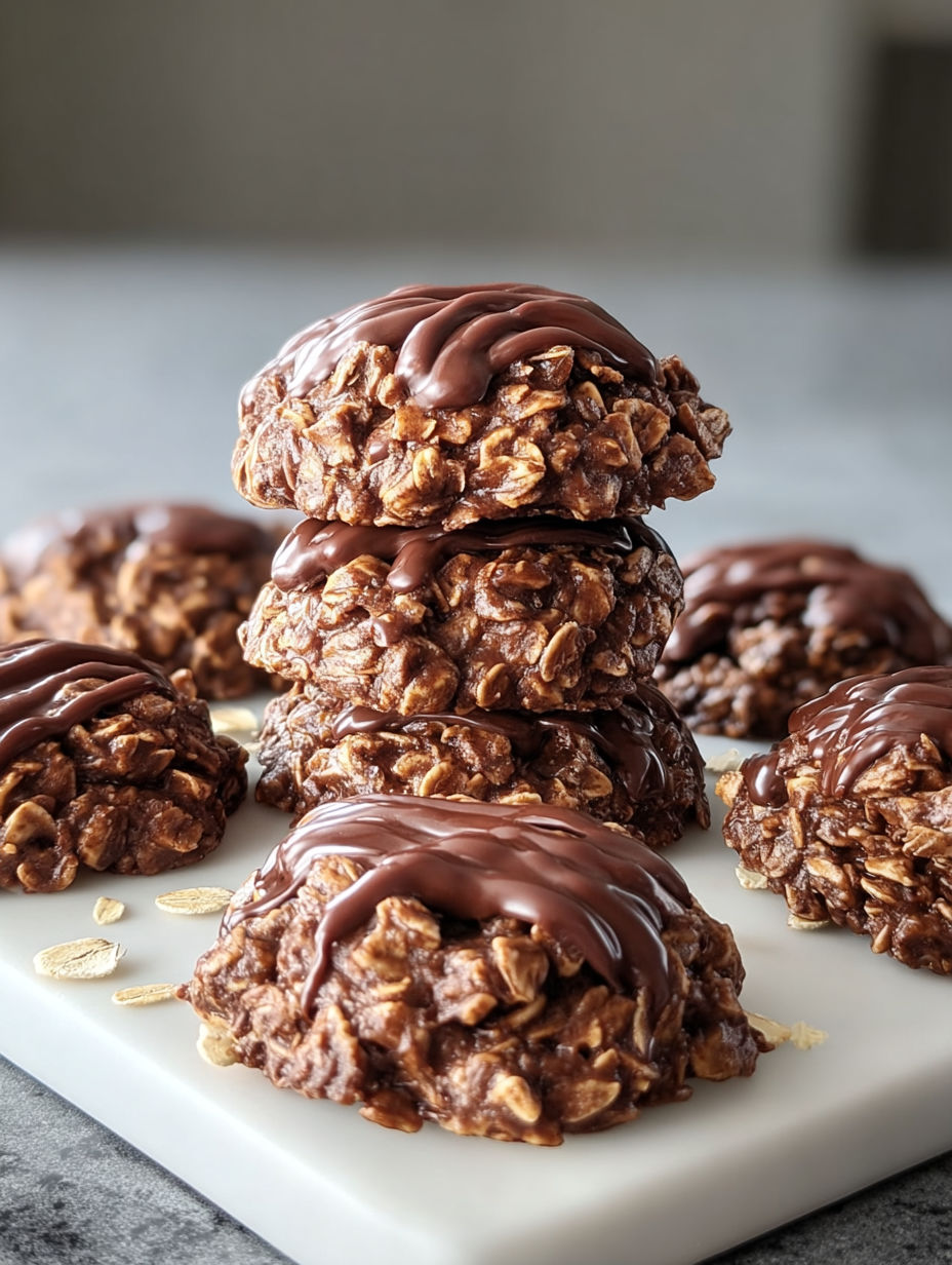 A stack of chocolate oatmeal cookies.