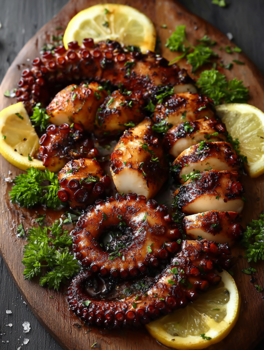 A wooden cutting board with grilled octopus and lemon wedges.