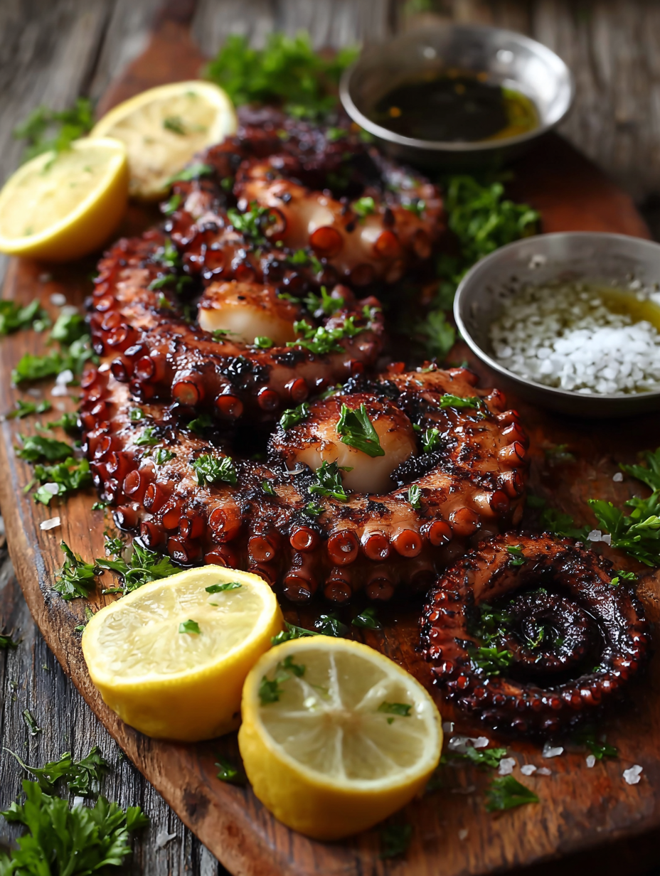 A wooden cutting board with grilled octopus and lemon wedges.