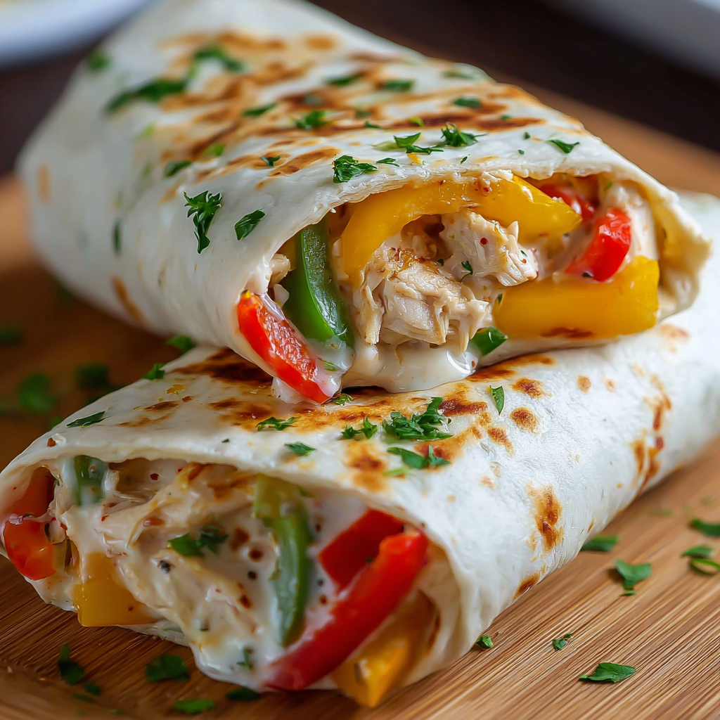 A wrap with chicken and bell peppers.