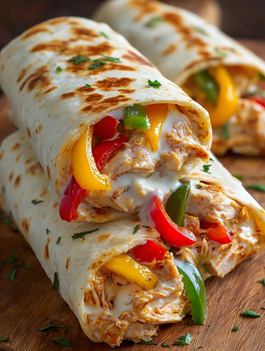 A burrito filled with chicken, peppers, and cheese.