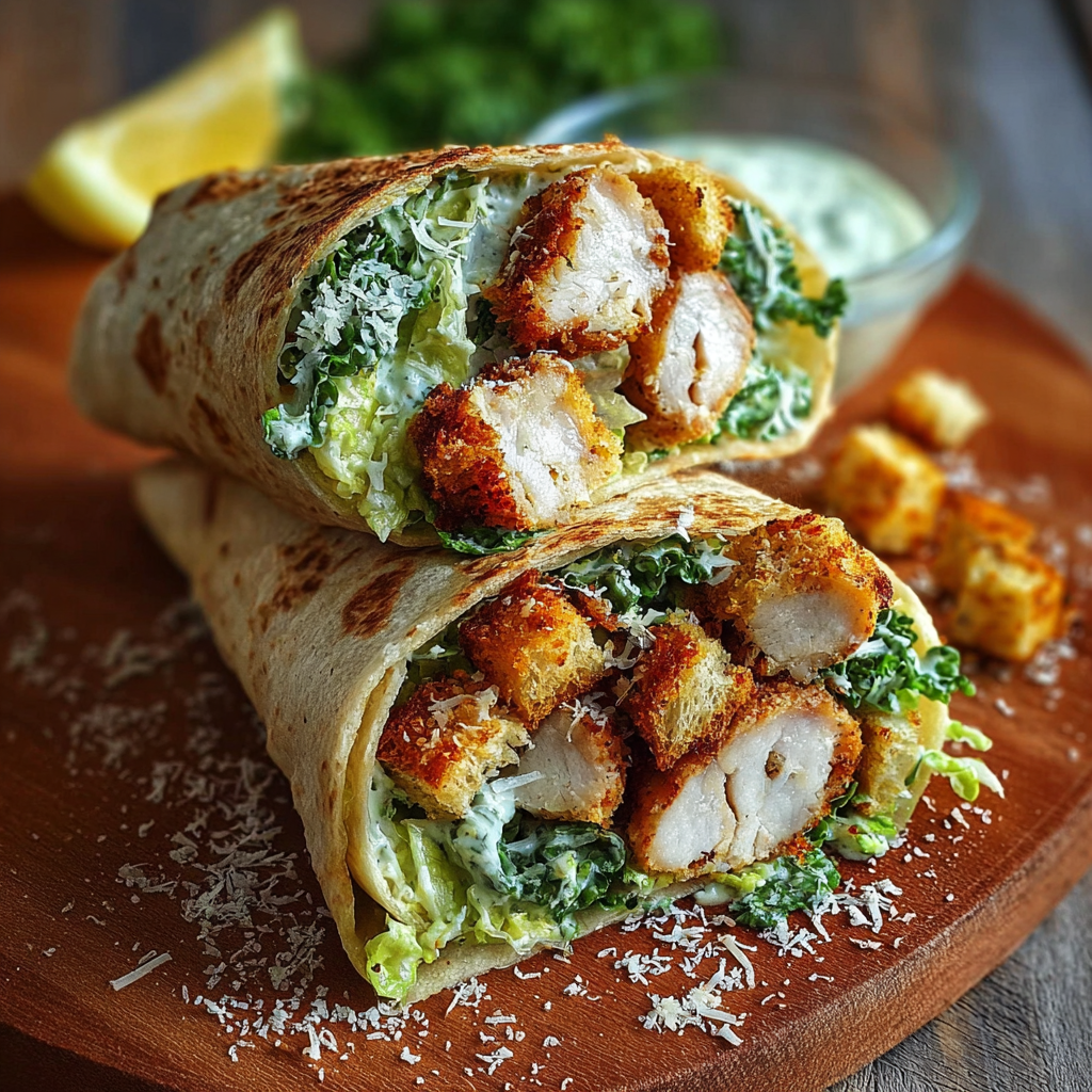 A crispy chicken caesar wrap on a wooden board.