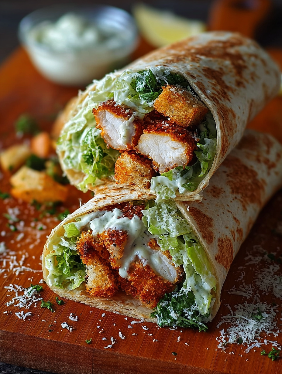 A crispy chicken Caesar wrap on a wooden table.