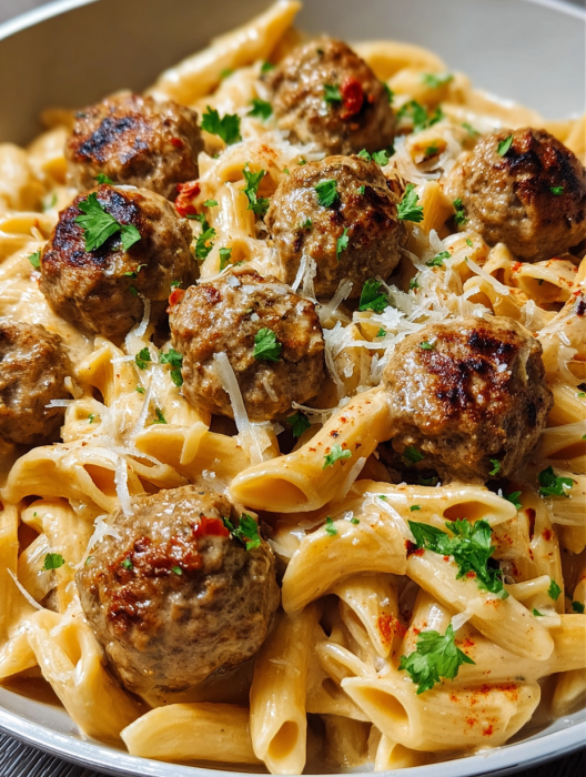 A plate of pasta with meatballs and cheese.