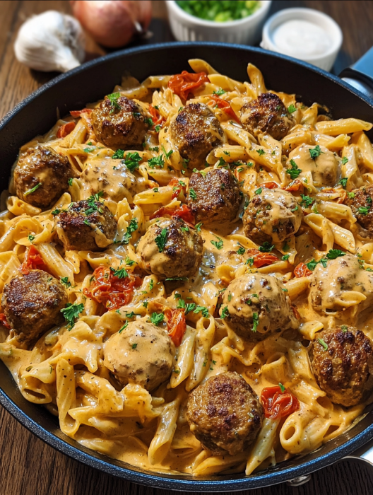 A delicious pasta dish with meatballs and tomatoes.