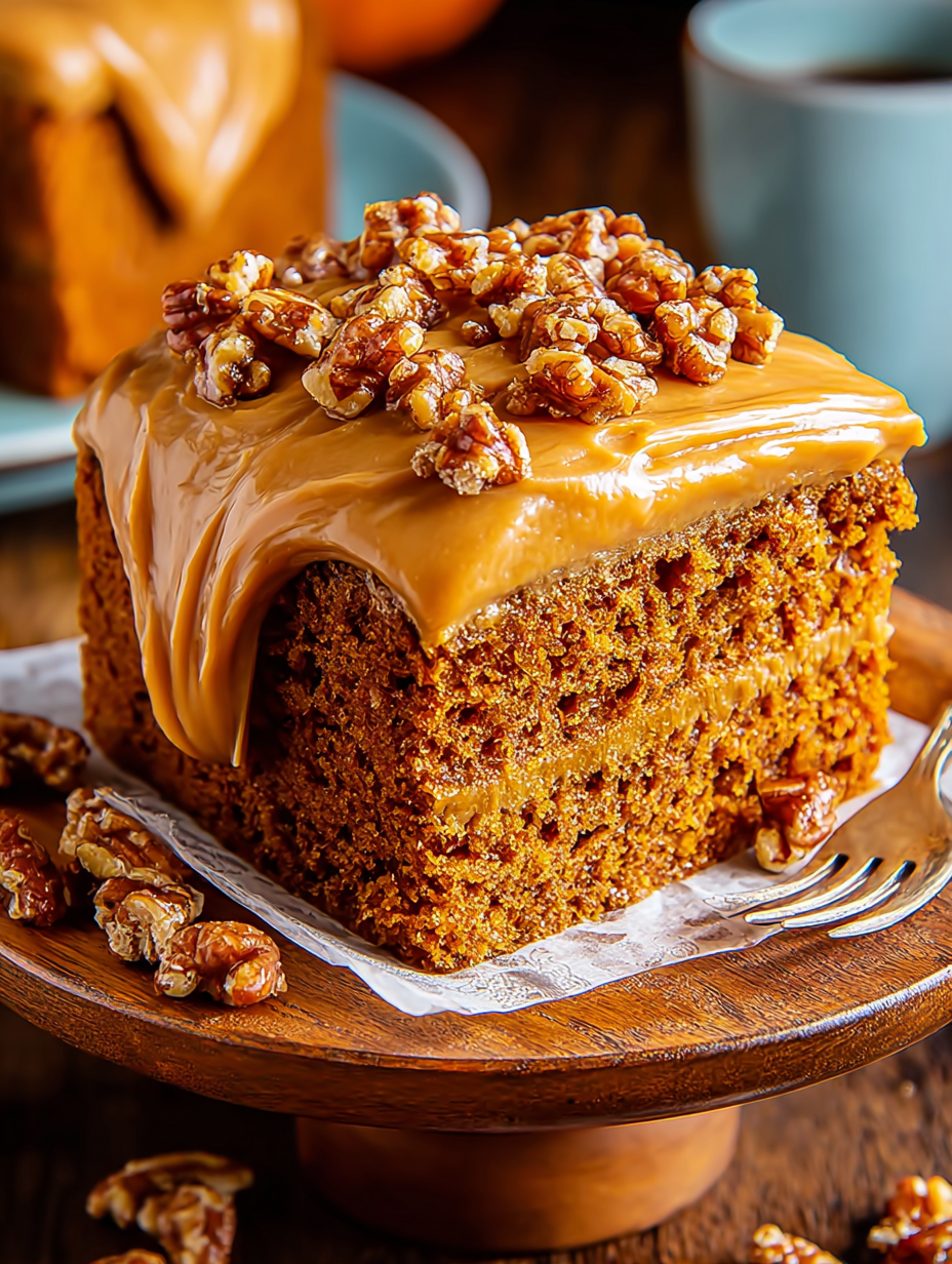 A slice of carrot cake with a drizzle of caramel sauce.