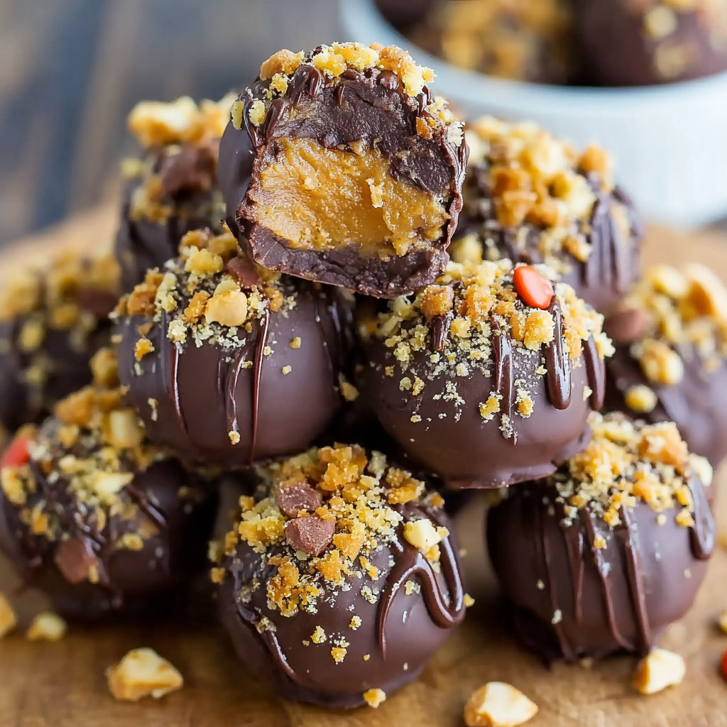 A stack of chocolate peanut butter truffles.