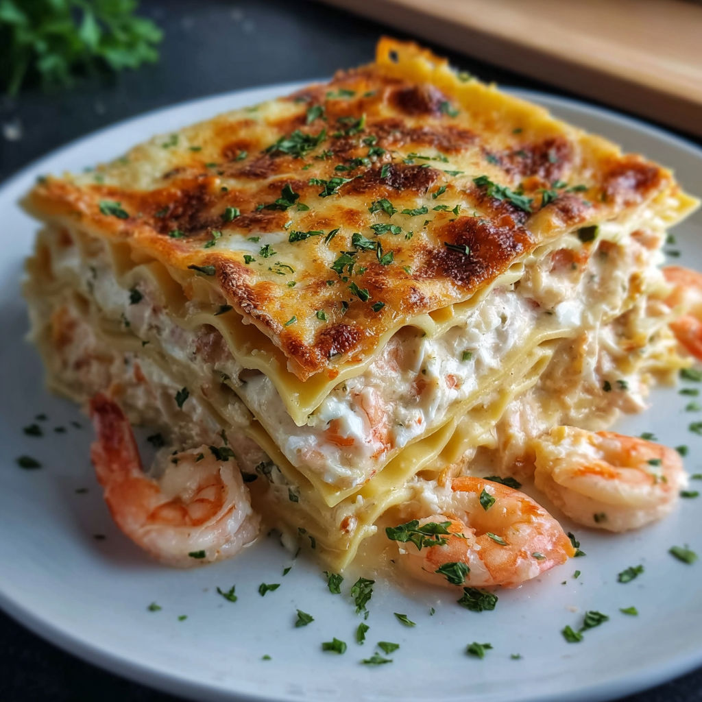 A white plate with a seafood lasagna on it.