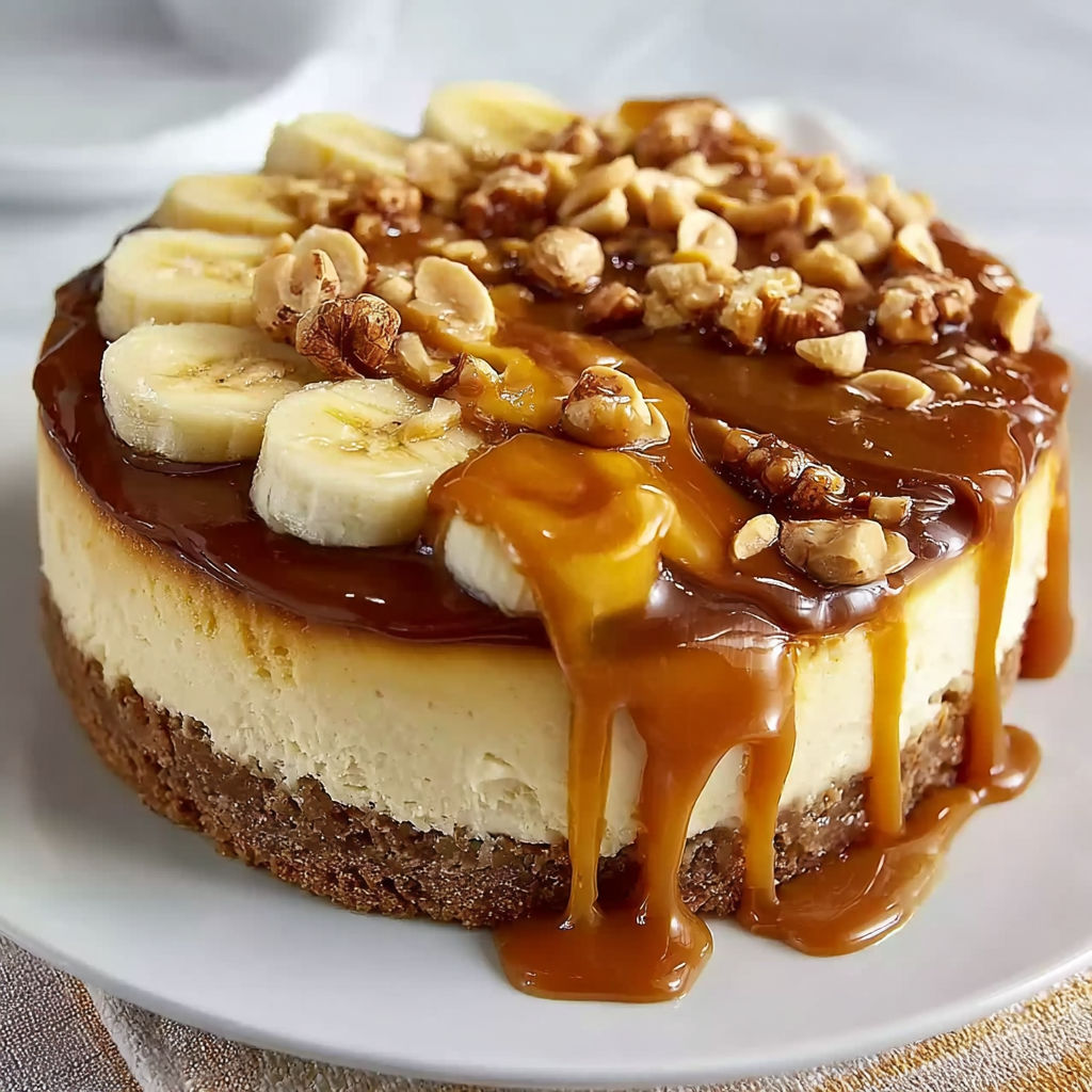 A slice of banana caramel nut cheesecake on a white plate.