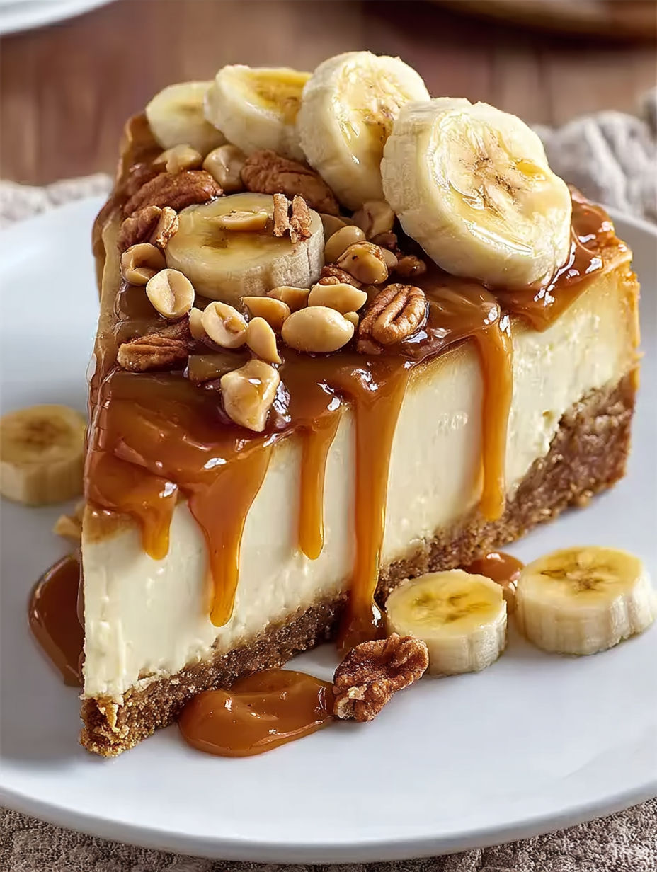 A slice of cheesecake with bananas and walnuts on top.