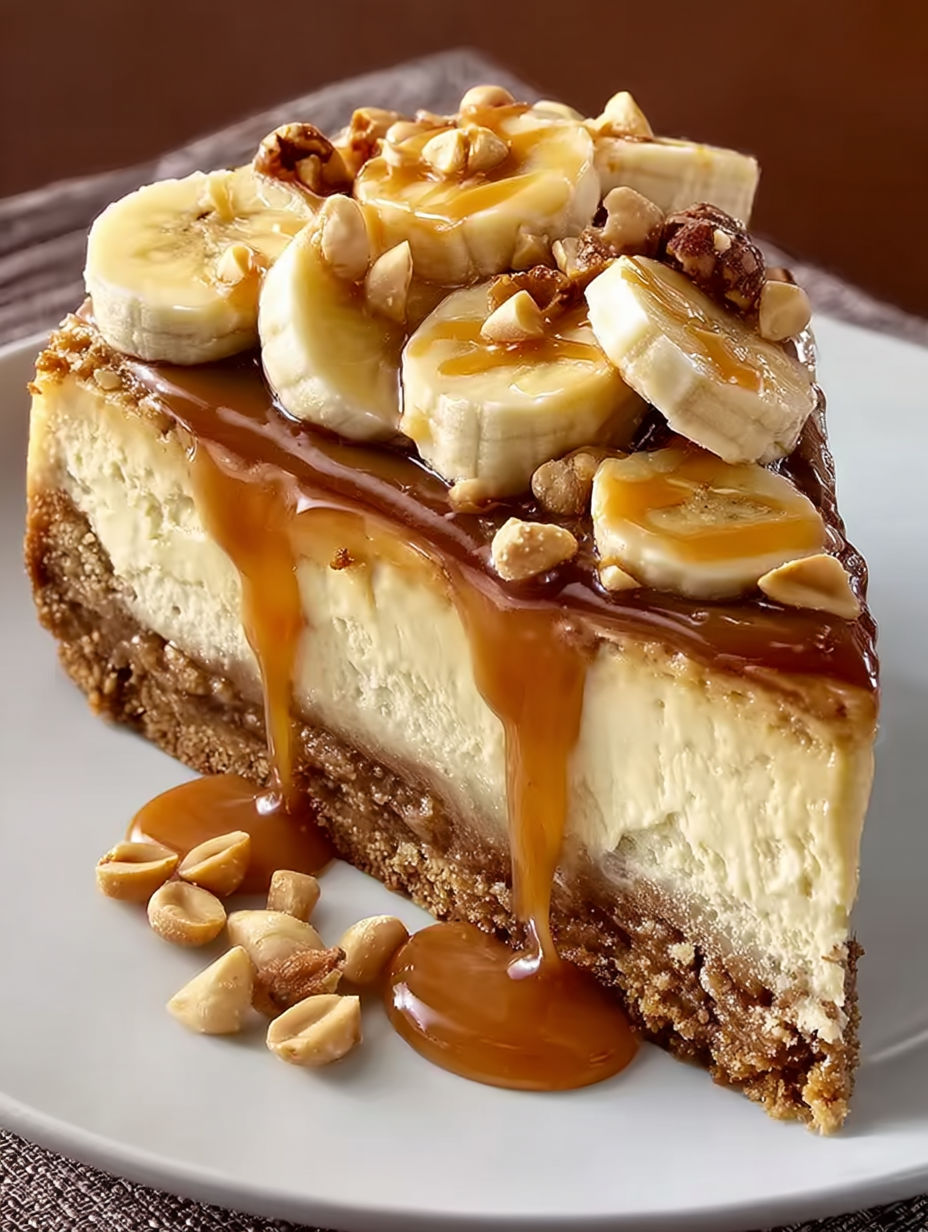 A slice of cheesecake with bananas and nuts.
