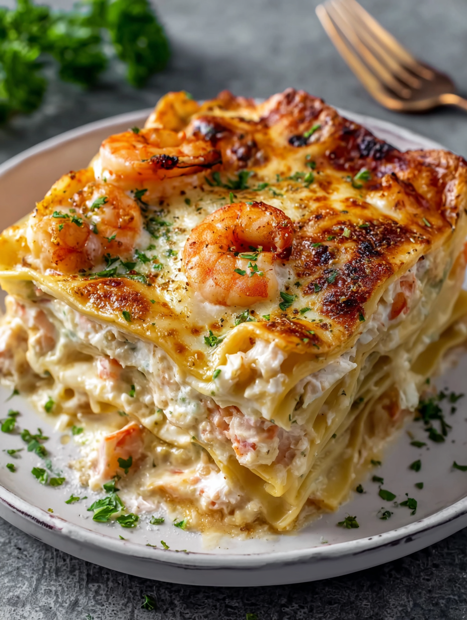 A large piece of food with shrimp and cheese on top.