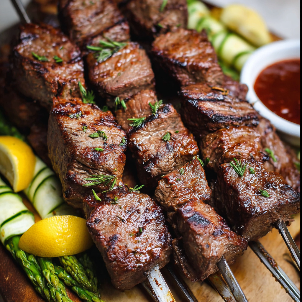 A skewer of marinated steak with lemon wedges and a bowl of sauce.