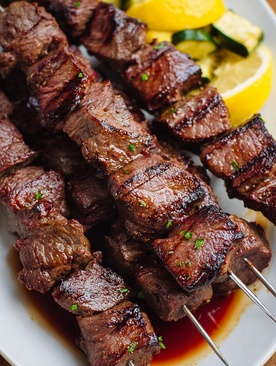 Grilled steak skewers with lemon wedges and red wine marinated.