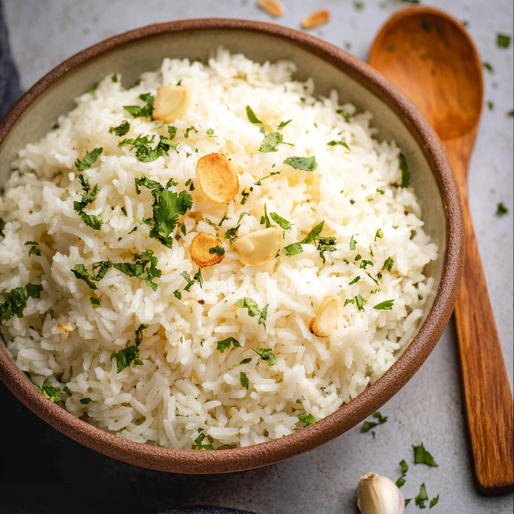 A bowl of rice with garlic butter and nuts.