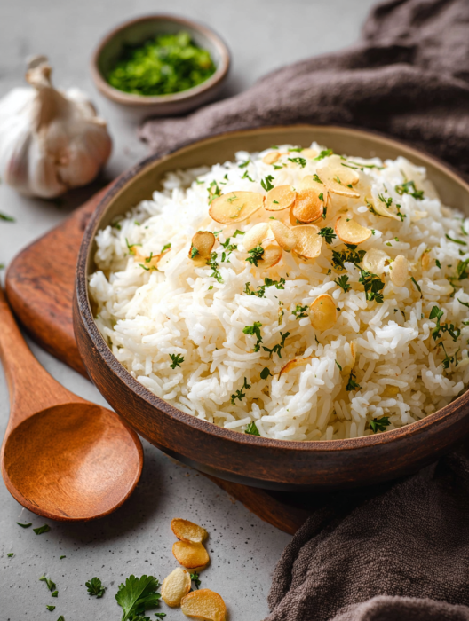 A bowl of rice with garnish on top.