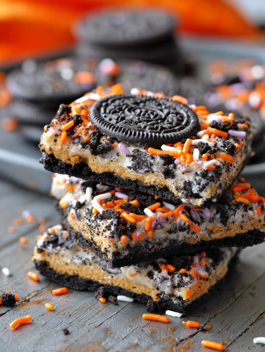 A stack of Oreo Chewies with orange and black decorations.