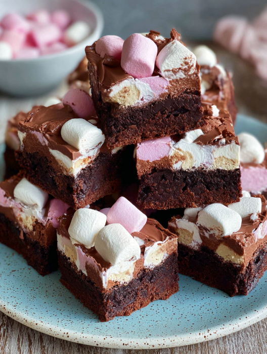 A stack of brownies with marshmallows on top.