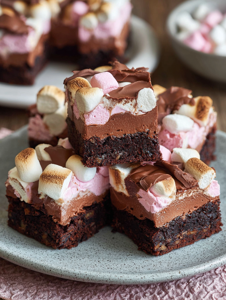 A plate of brownies with marshmallows on top.