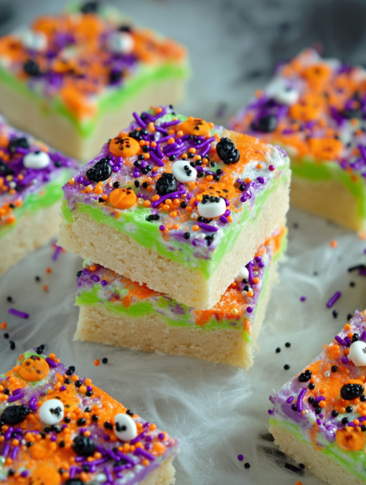 Halloween sugar cookie bars on a tray.