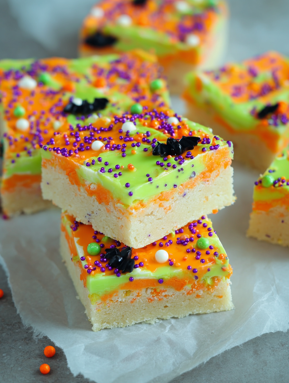 Halloween sugar cookie bars with purple and orange sprinkles.