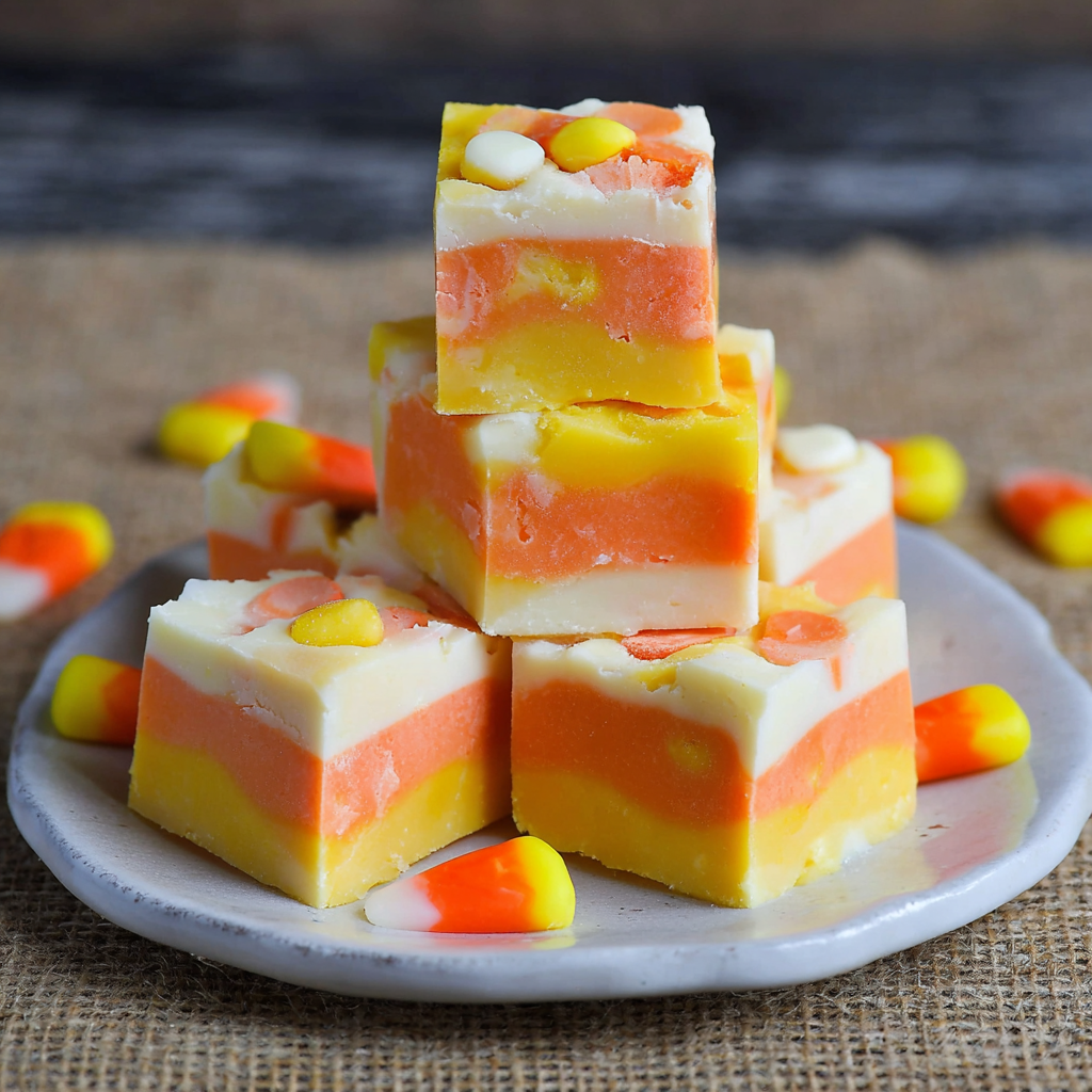 A plate of Halloween fudge with candy corn on top.