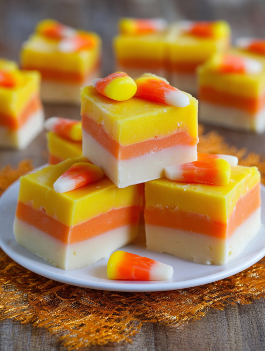A stack of Halloween fudge with candy corn on top.