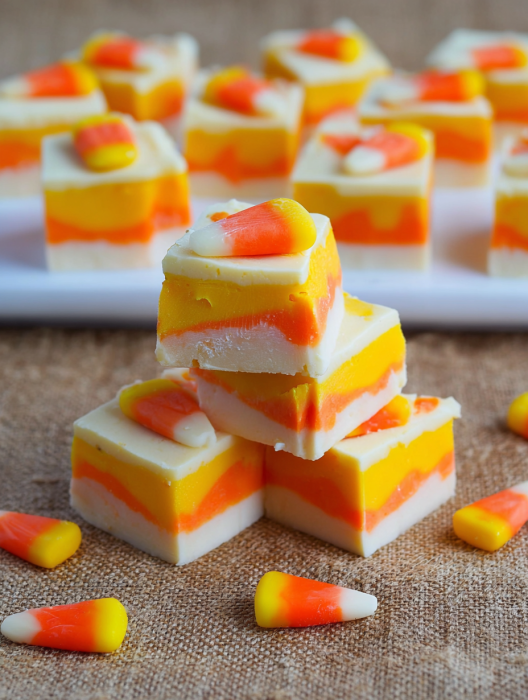 A stack of Halloween Fudge (Candy Corn Fudge) on a table.