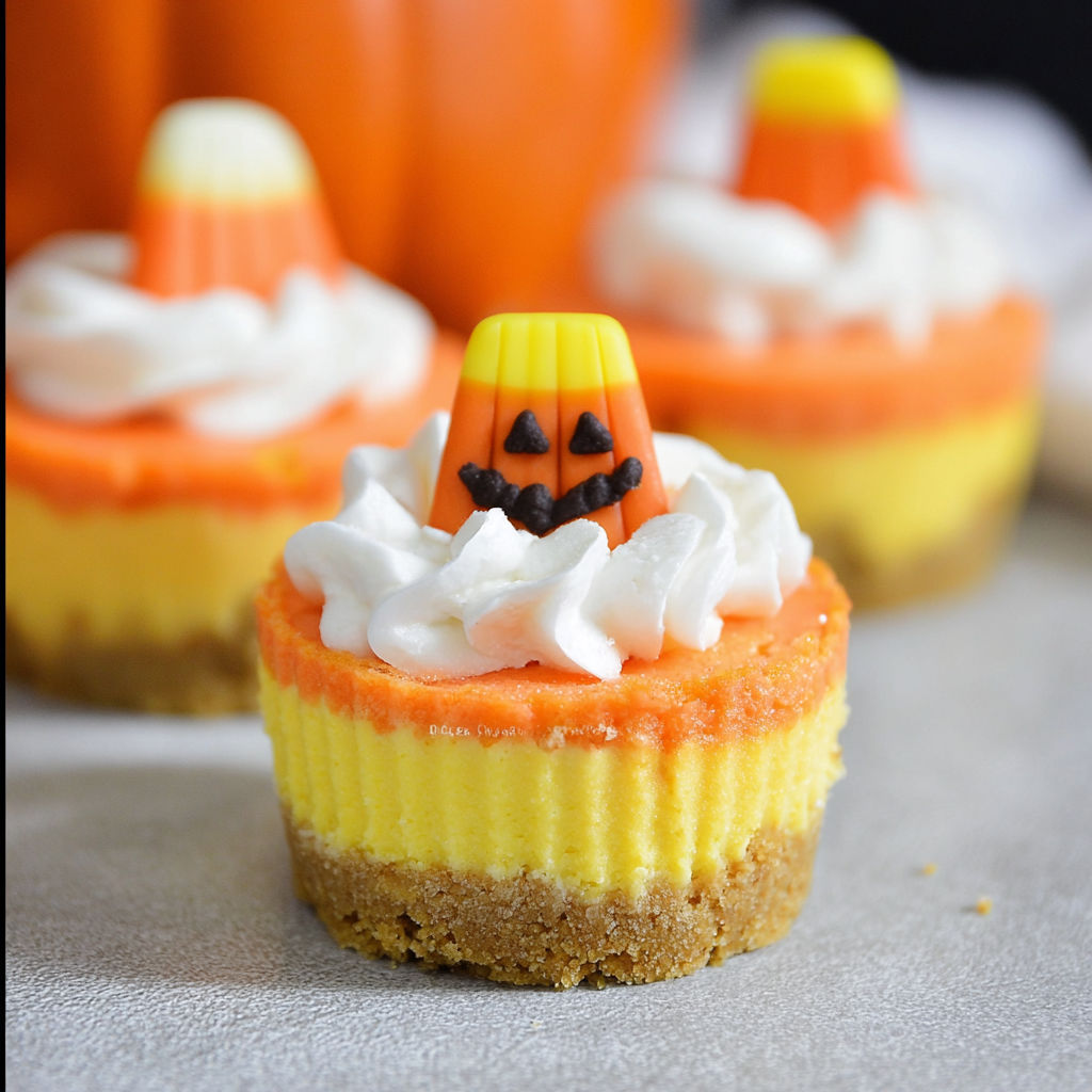 Three candy corn mini cheesecakes with white whipped cream.