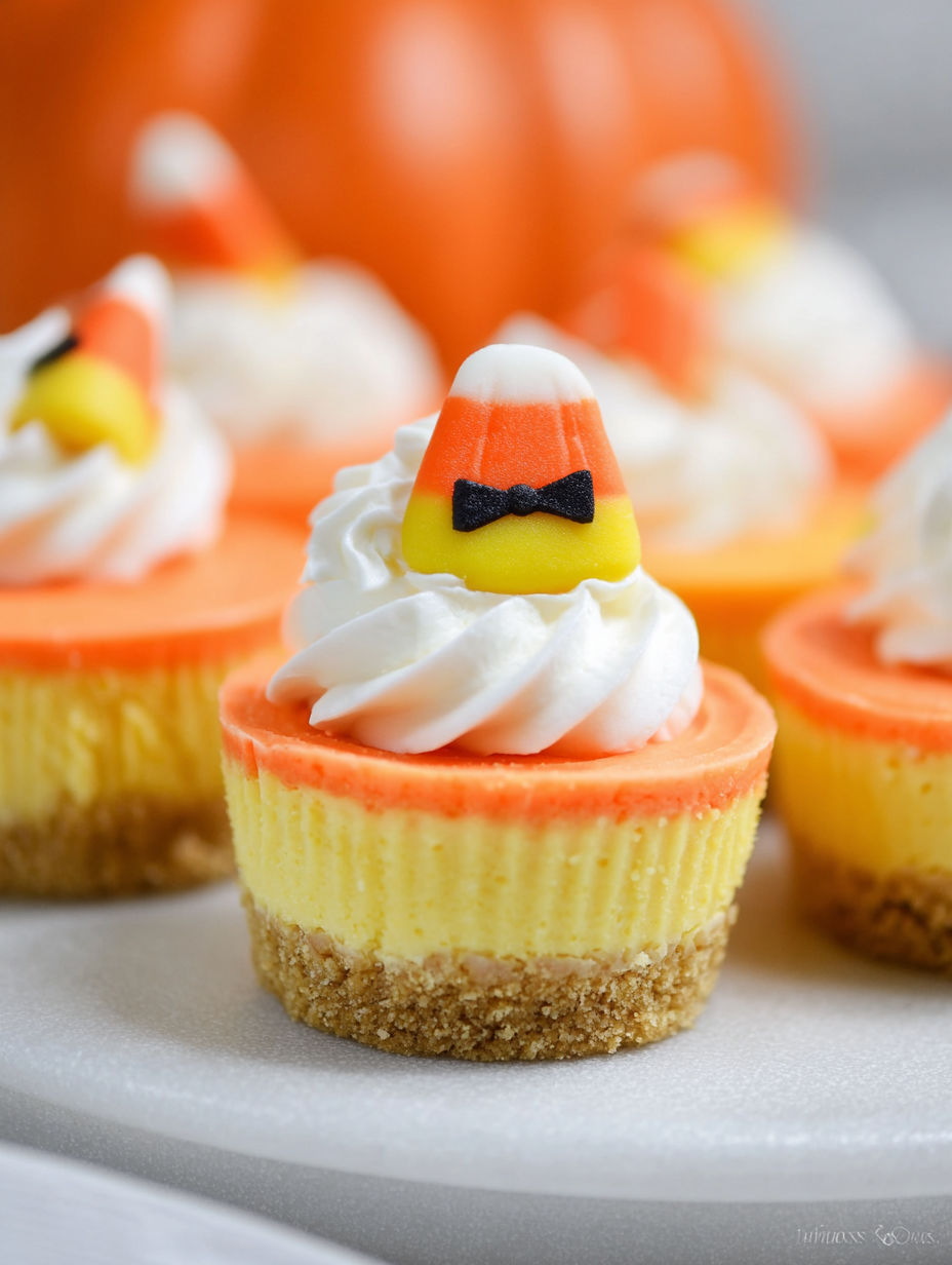 Candy corn mini cheesecakes with whipped cream.